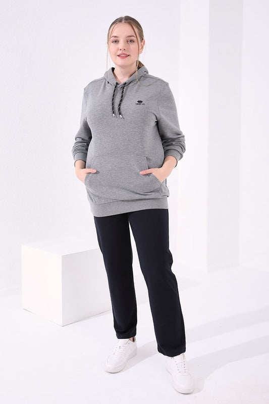 Navy Blue Classic Stone Detailed Women's Plus Size Tracksuit Bottom - 94040