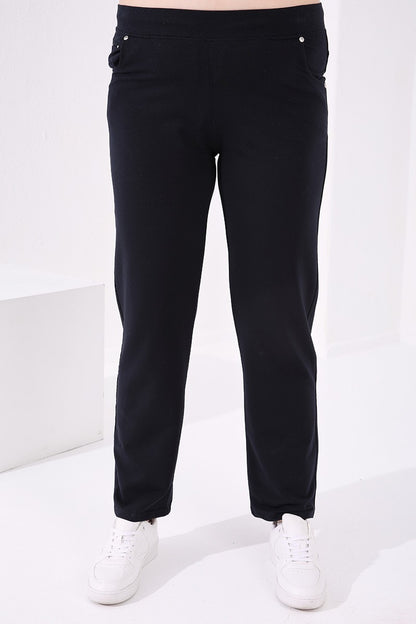 Navy Blue Classic Stone Detailed Women's Plus Size Tracksuit Bottom - 94040