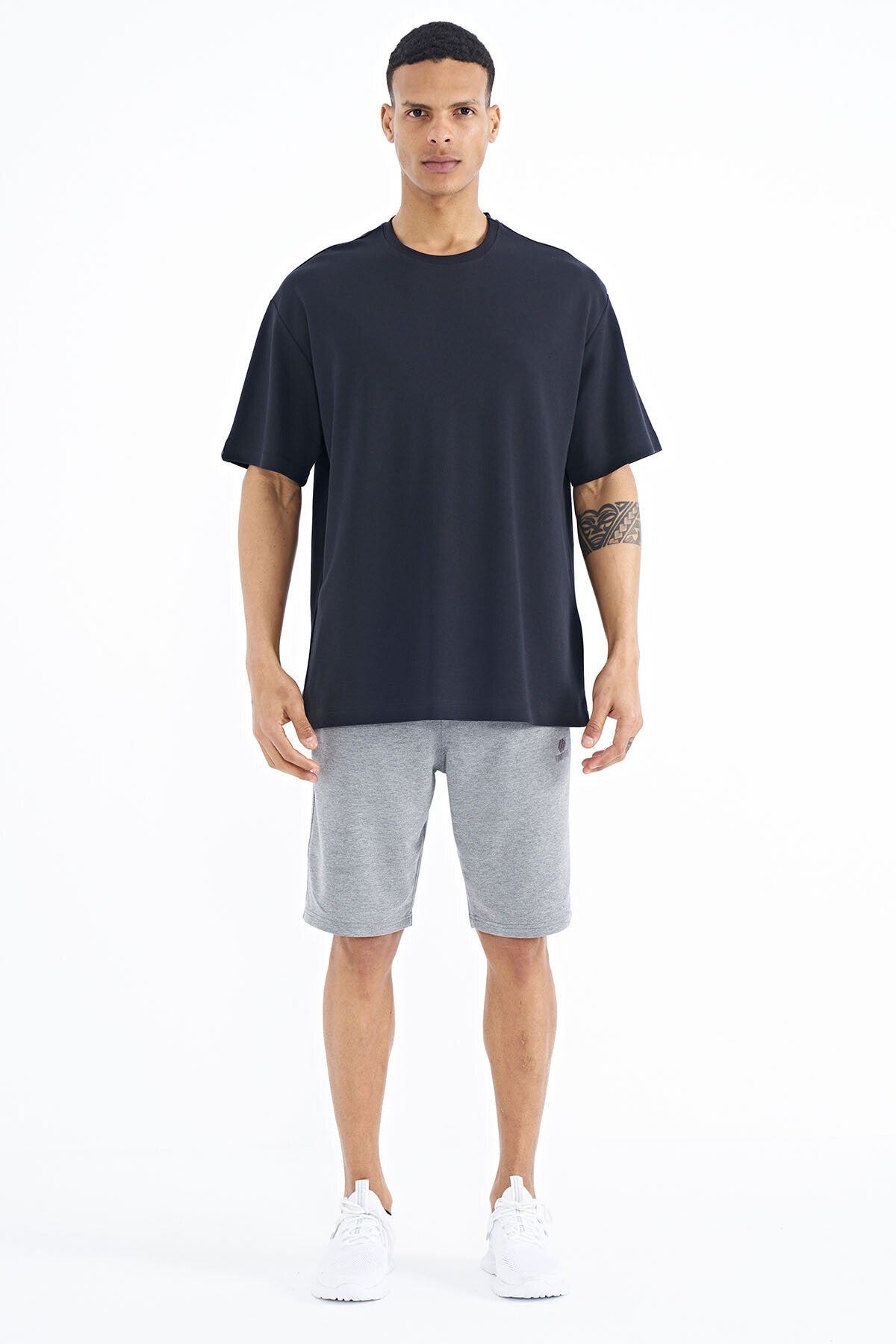 Navy Blue Sleeve Detailed Basic Oversize Men's T-Shirt - 88193