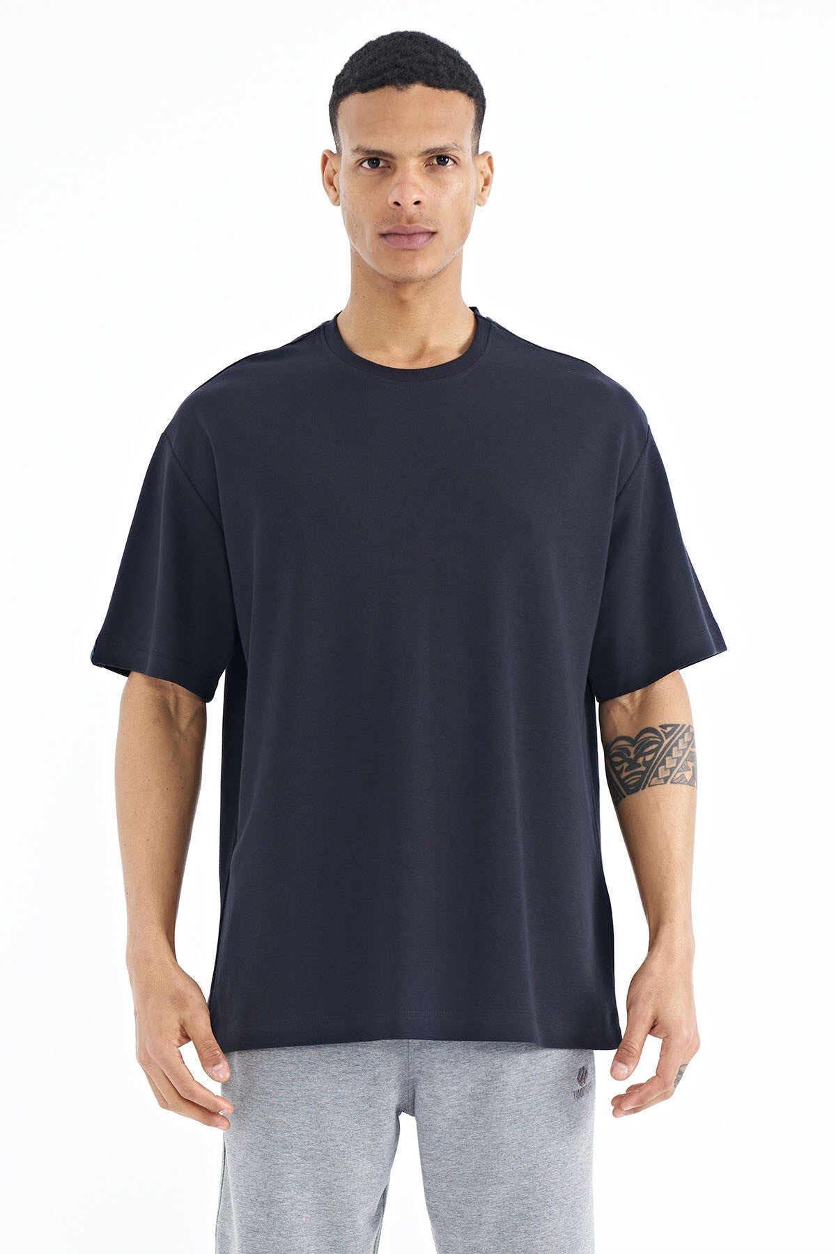 Navy Blue Sleeve Detailed Basic Oversize Men's T-Shirt - 88193