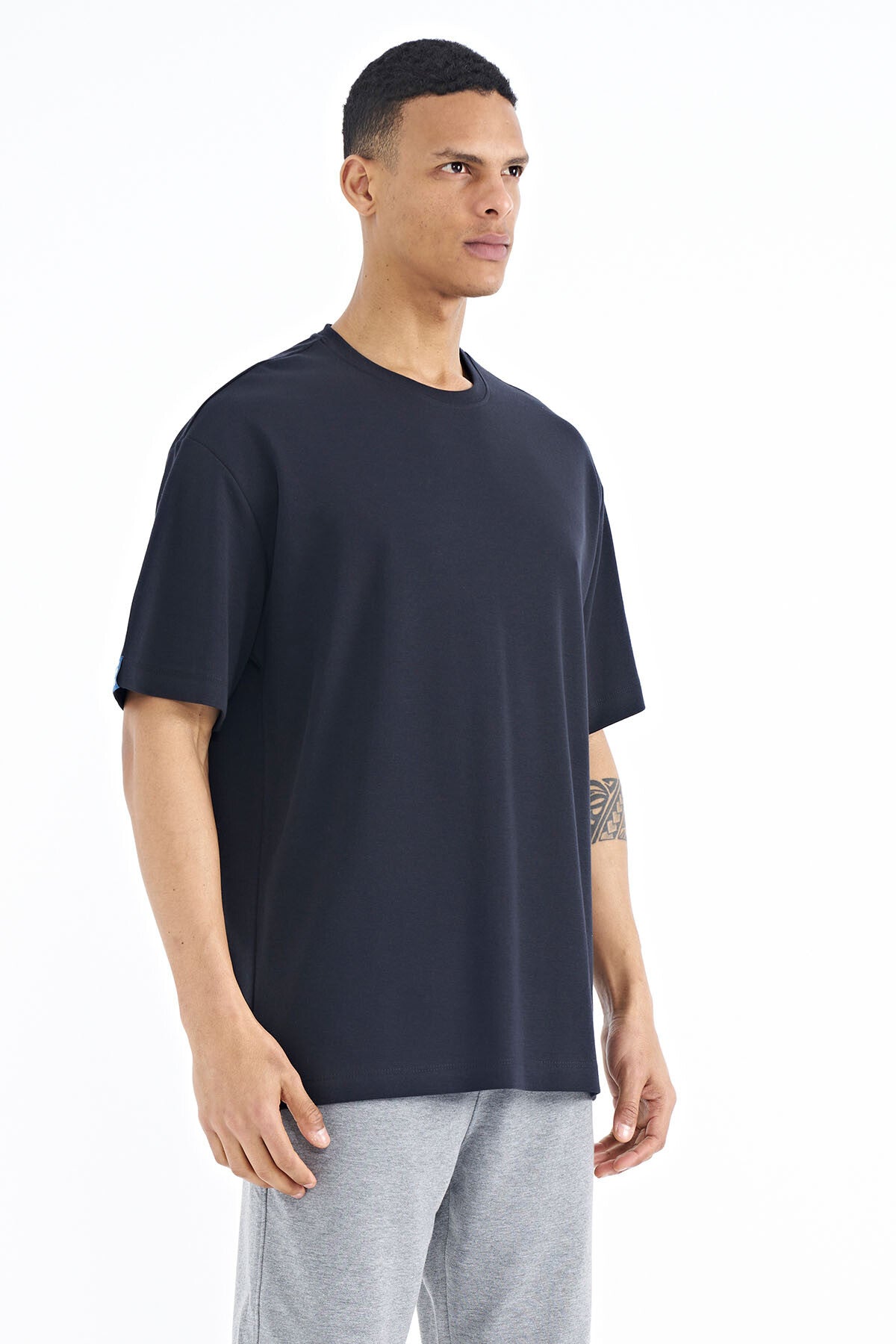 Navy Blue Sleeve Detailed Basic Oversize Men's T-Shirt - 88193