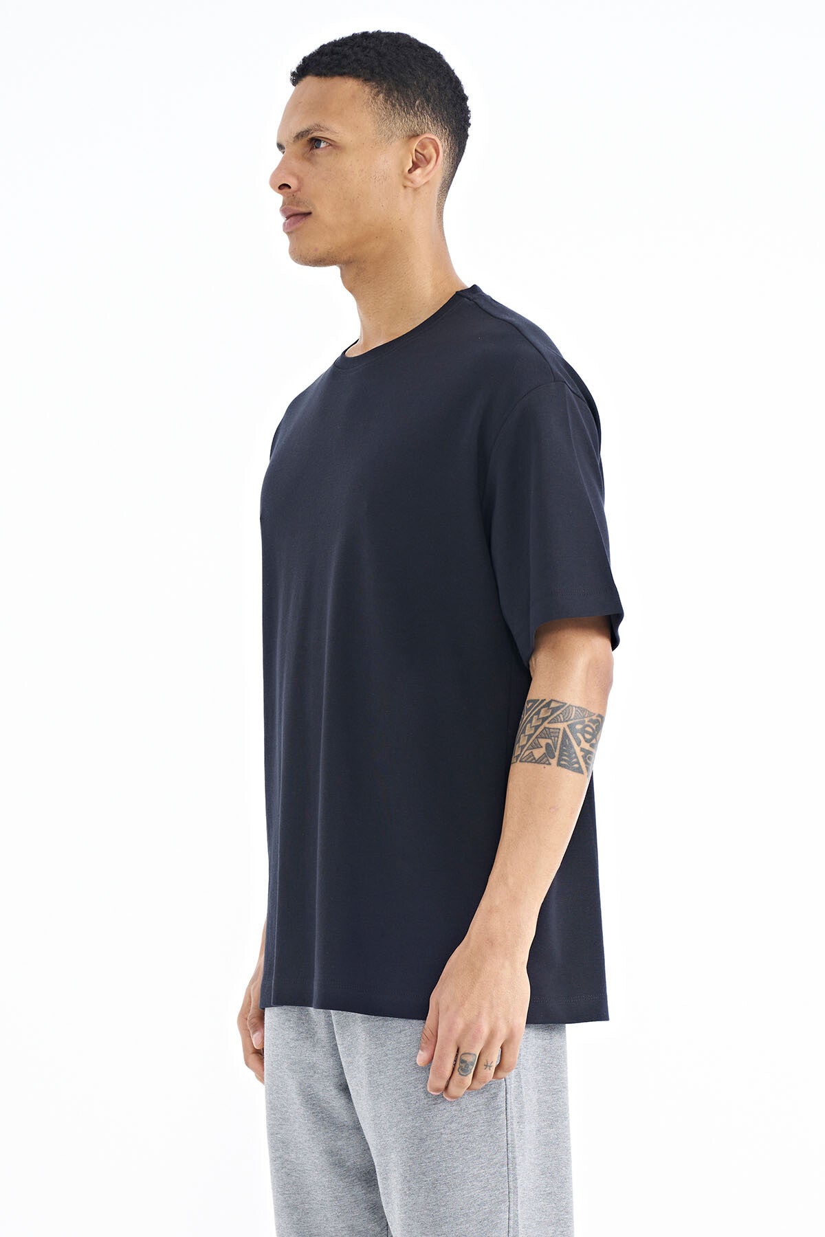 Navy Blue Sleeve Detailed Basic Oversize Men's T-Shirt - 88193
