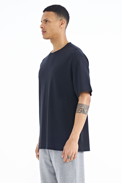 Navy Blue Sleeve Detailed Basic Oversize Men's T-Shirt - 88193