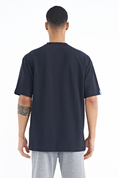 Navy Blue Sleeve Detailed Basic Oversize Men's T-Shirt - 88193
