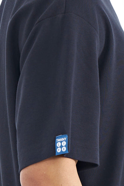 Navy Blue Sleeve Detailed Basic Oversize Men's T-Shirt - 88193