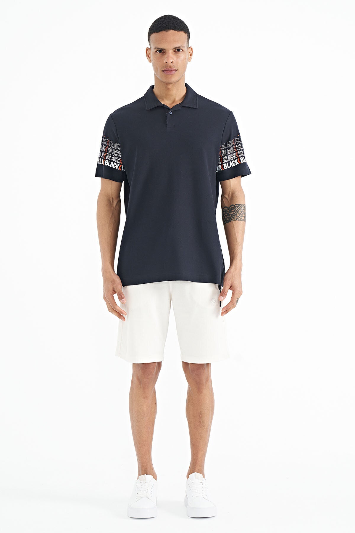 Navy Blue Collar Print Detailed Polo Collar Standard Fit Men's T-shirt - 88240
