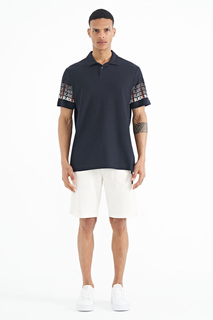Navy Blue Collar Print Detailed Polo Collar Standard Fit Men's T-shirt - 88240
