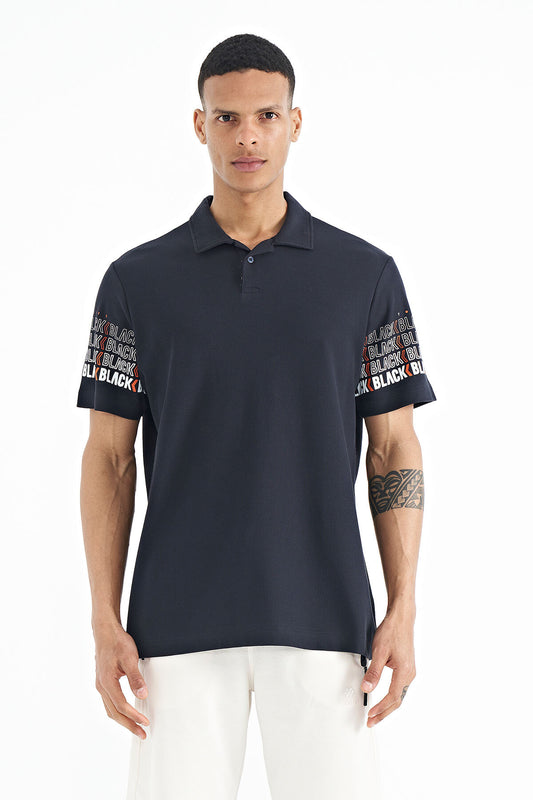 Navy Blue Collar Print Detailed Polo Collar Standard Fit Men's T-shirt - 88240