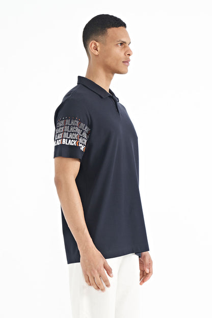 Navy Blue Collar Print Detailed Polo Collar Standard Fit Men's T-shirt - 88240