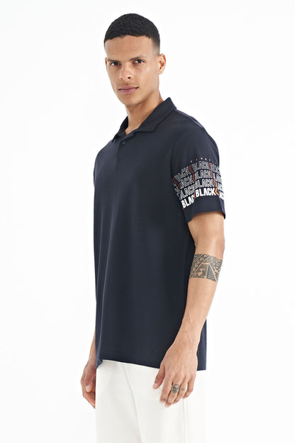 Navy Blue Collar Print Detailed Polo Collar Standard Fit Men's T-shirt - 88240
