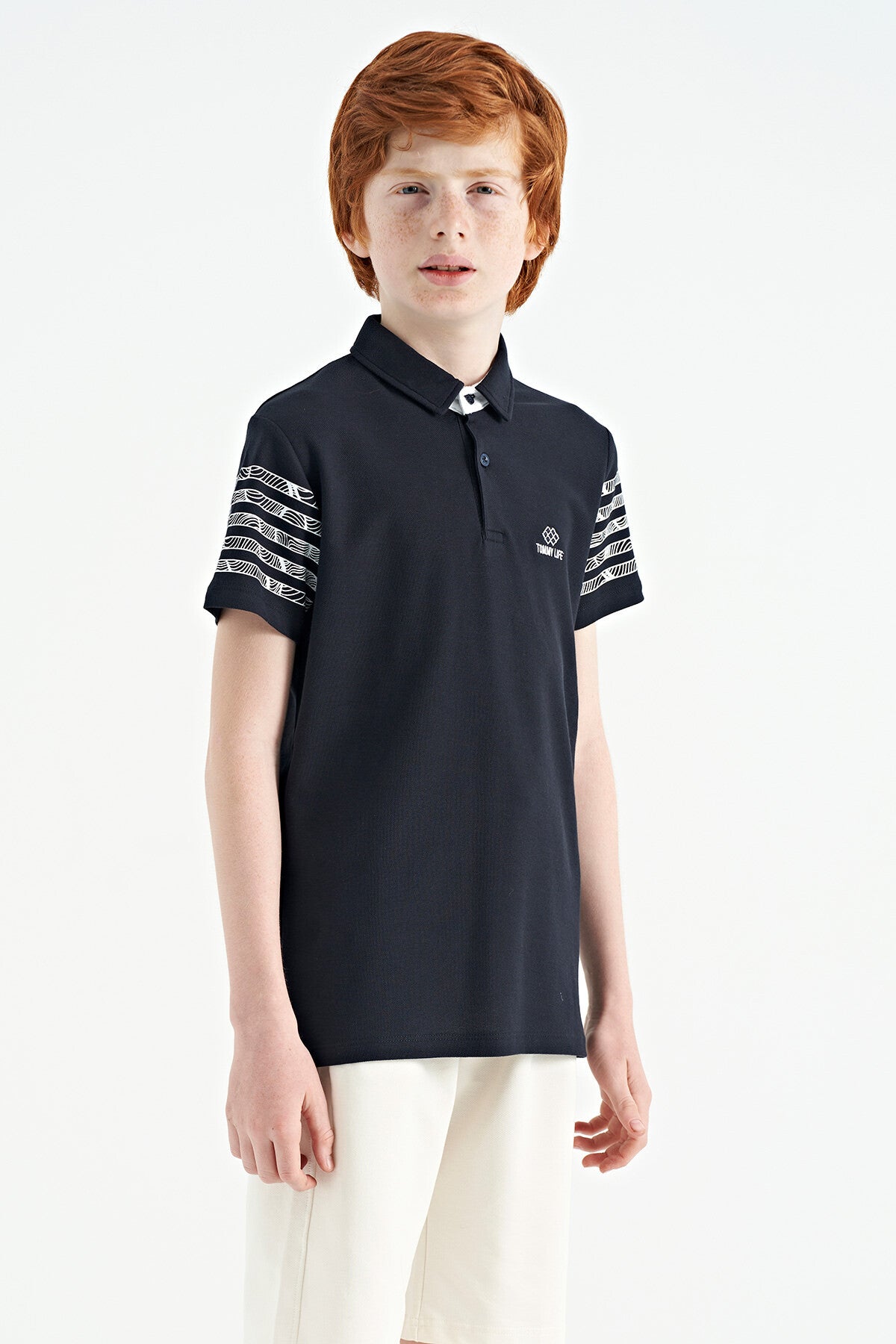 Navy Blue Cuff Print Detailed Standard Cut Polo Collar Boys T-Shirt - 11093