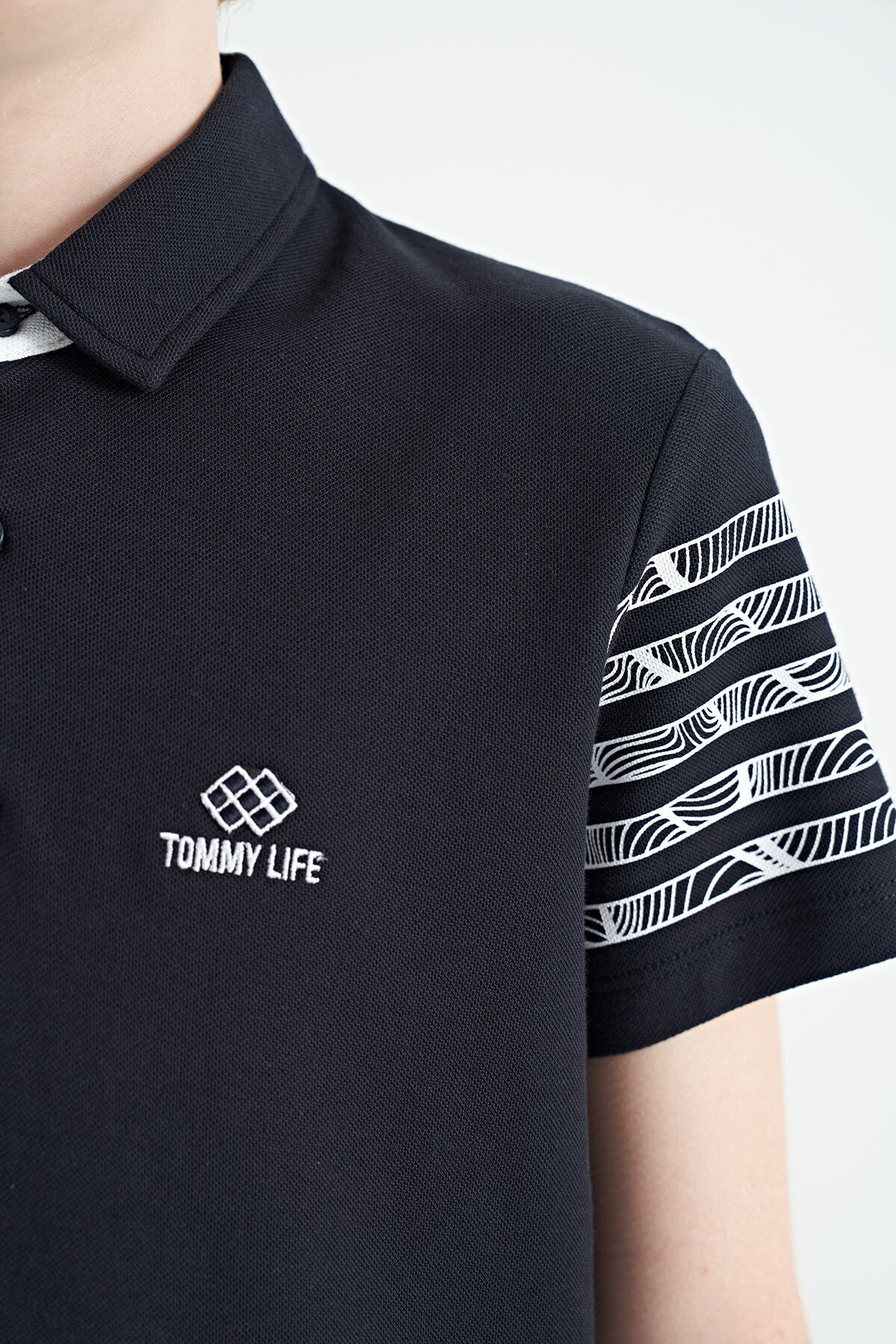 Navy Blue Cuff Print Detailed Standard Cut Polo Collar Boys T-Shirt - 11093