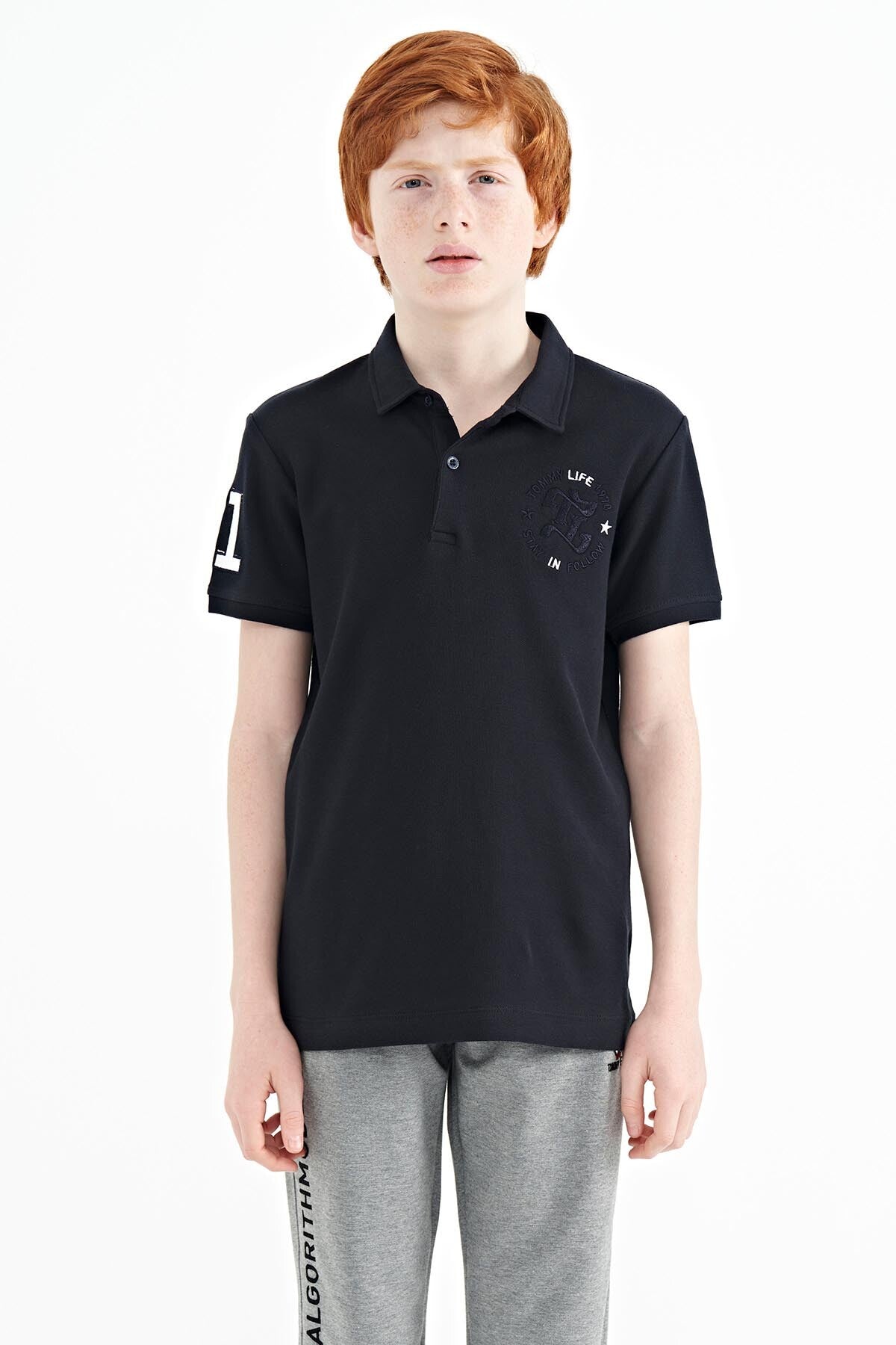 Navy Blue Embroidered Chest Detailed Standard Cut Polo Collar Boys' T-Shirt - 11086