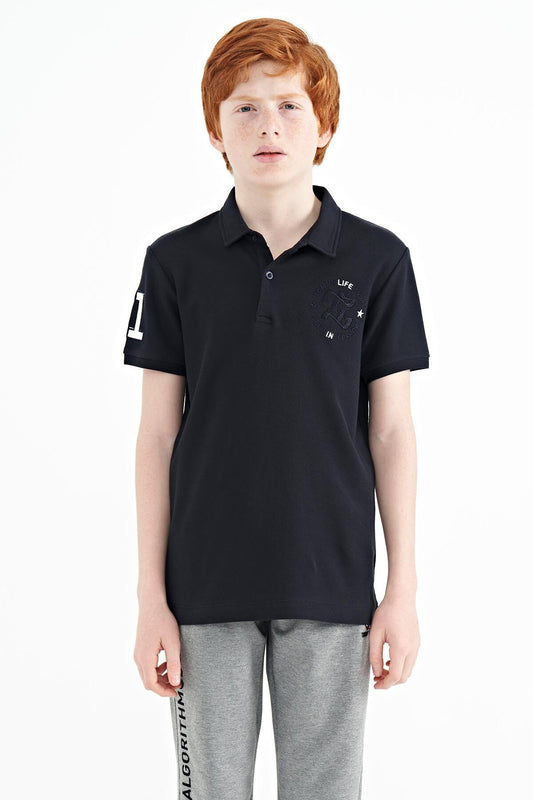Navy Blue Embroidered Chest Detailed Standard Cut Polo Collar Boys' T-Shirt - 11086