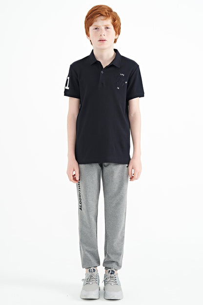 Navy Blue Embroidered Chest Detailed Standard Cut Polo Collar Boys' T-Shirt - 11086