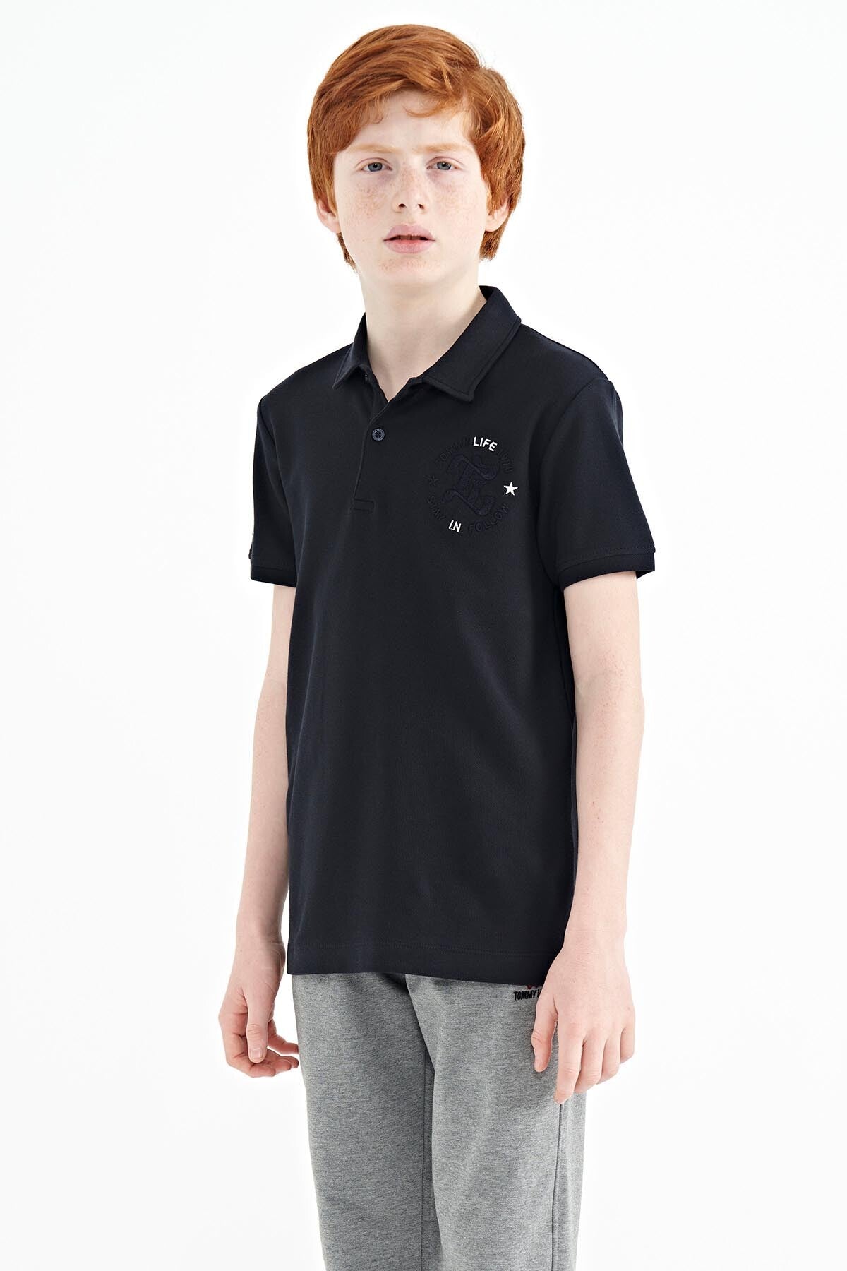 Navy Blue Embroidered Chest Detailed Standard Cut Polo Collar Boys' T-Shirt - 11086