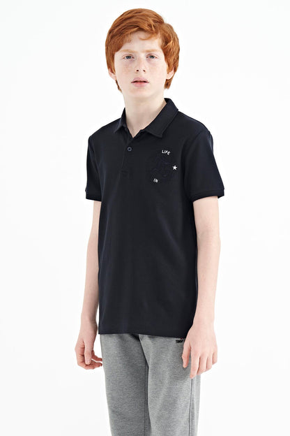 Navy Blue Embroidered Chest Detailed Standard Cut Polo Collar Boys' T-Shirt - 11086