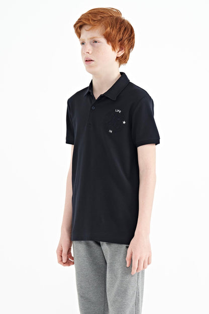Navy Blue Embroidered Chest Detailed Standard Cut Polo Collar Boys' T-Shirt - 11086