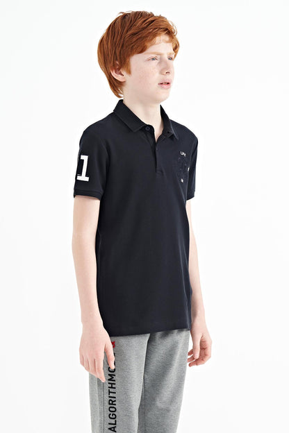 Navy Blue Embroidered Chest Detailed Standard Cut Polo Collar Boys' T-Shirt - 11086