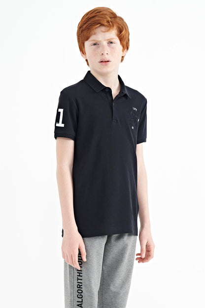 Navy Blue Embroidered Chest Detailed Standard Cut Polo Collar Boys' T-Shirt - 11086