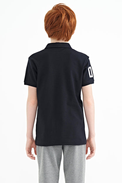 Navy Blue Embroidered Chest Detailed Standard Cut Polo Collar Boys' T-Shirt - 11086