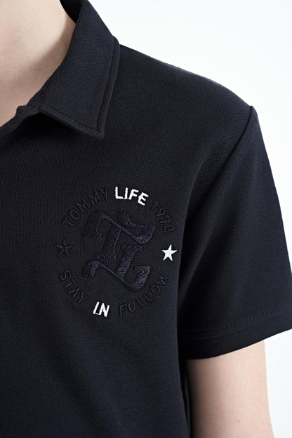 Navy Blue Embroidered Chest Detailed Standard Cut Polo Collar Boys' T-Shirt - 11086