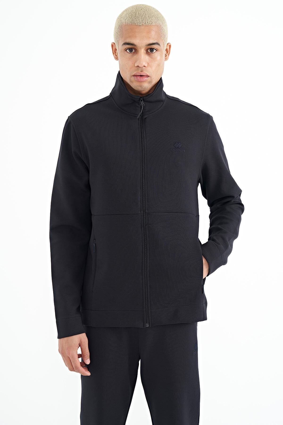 Navy Blue Logo Embroidered Stand-Up Collar Zippered Hidden Pocket Detailed Men's Tracksuit Set -  85201