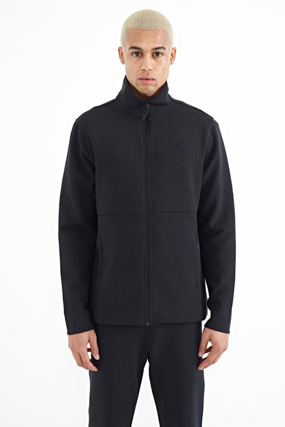 Navy Blue Logo Embroidered Stand-Up Collar Zippered Hidden Pocket Detailed Men's Tracksuit Set -  85201
