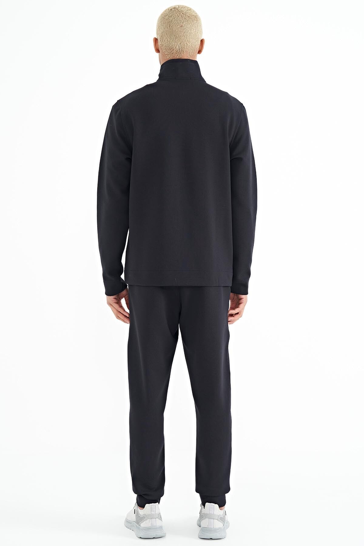 Navy Blue Logo Embroidered Stand-Up Collar Zippered Hidden Pocket Detailed Men's Tracksuit Set -  85201