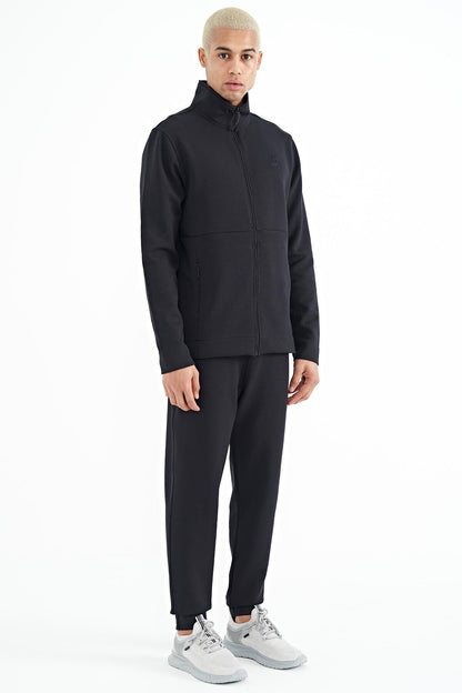 Navy Blue Logo Embroidered Stand-Up Collar Zippered Hidden Pocket Detailed Men's Tracksuit Set -  85201