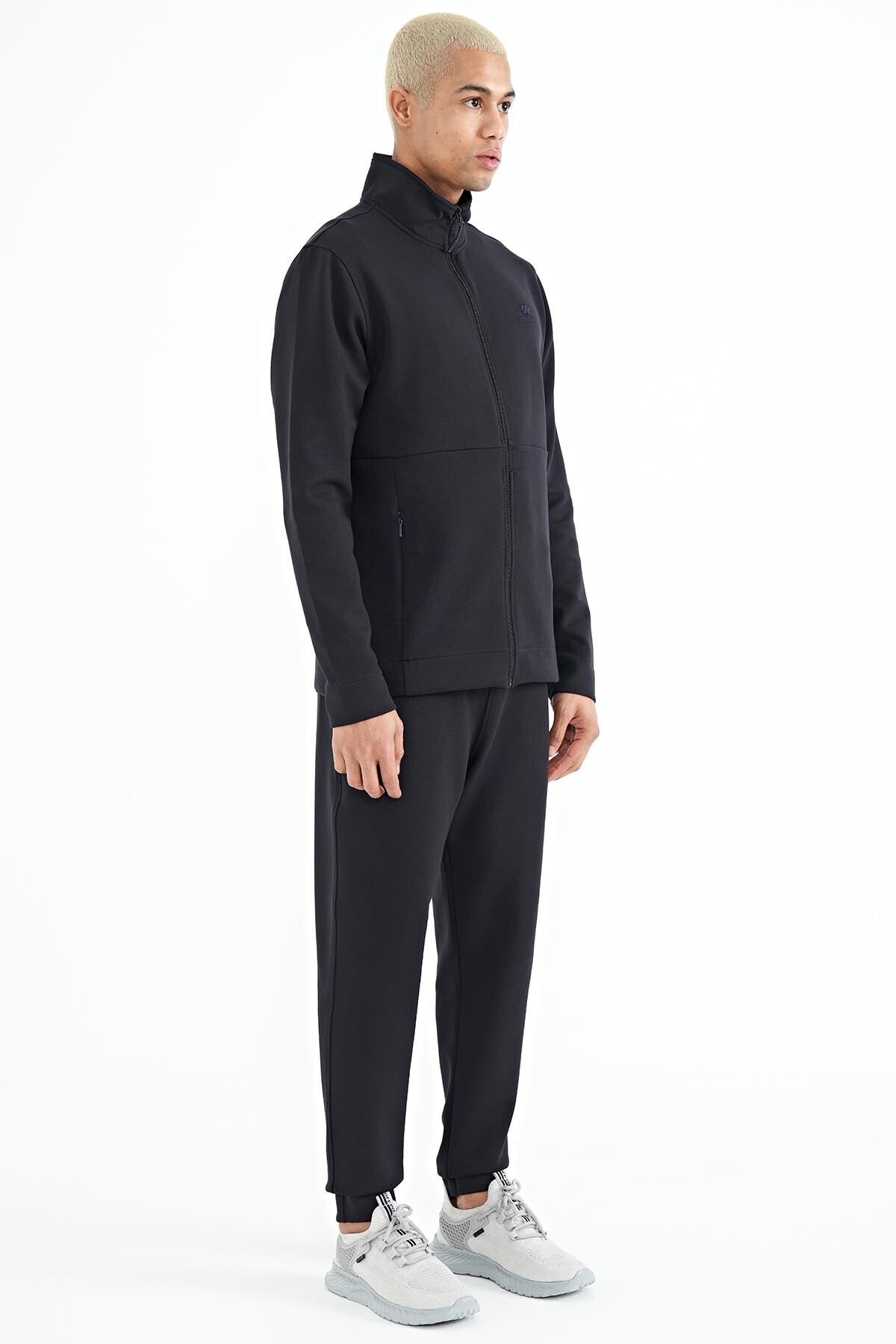 Navy Blue Logo Embroidered Stand-Up Collar Zippered Hidden Pocket Detailed Men's Tracksuit Set -  85201