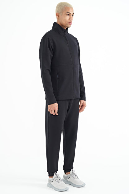 Navy Blue Logo Embroidered Stand-Up Collar Zippered Hidden Pocket Detailed Men's Tracksuit Set -  85201