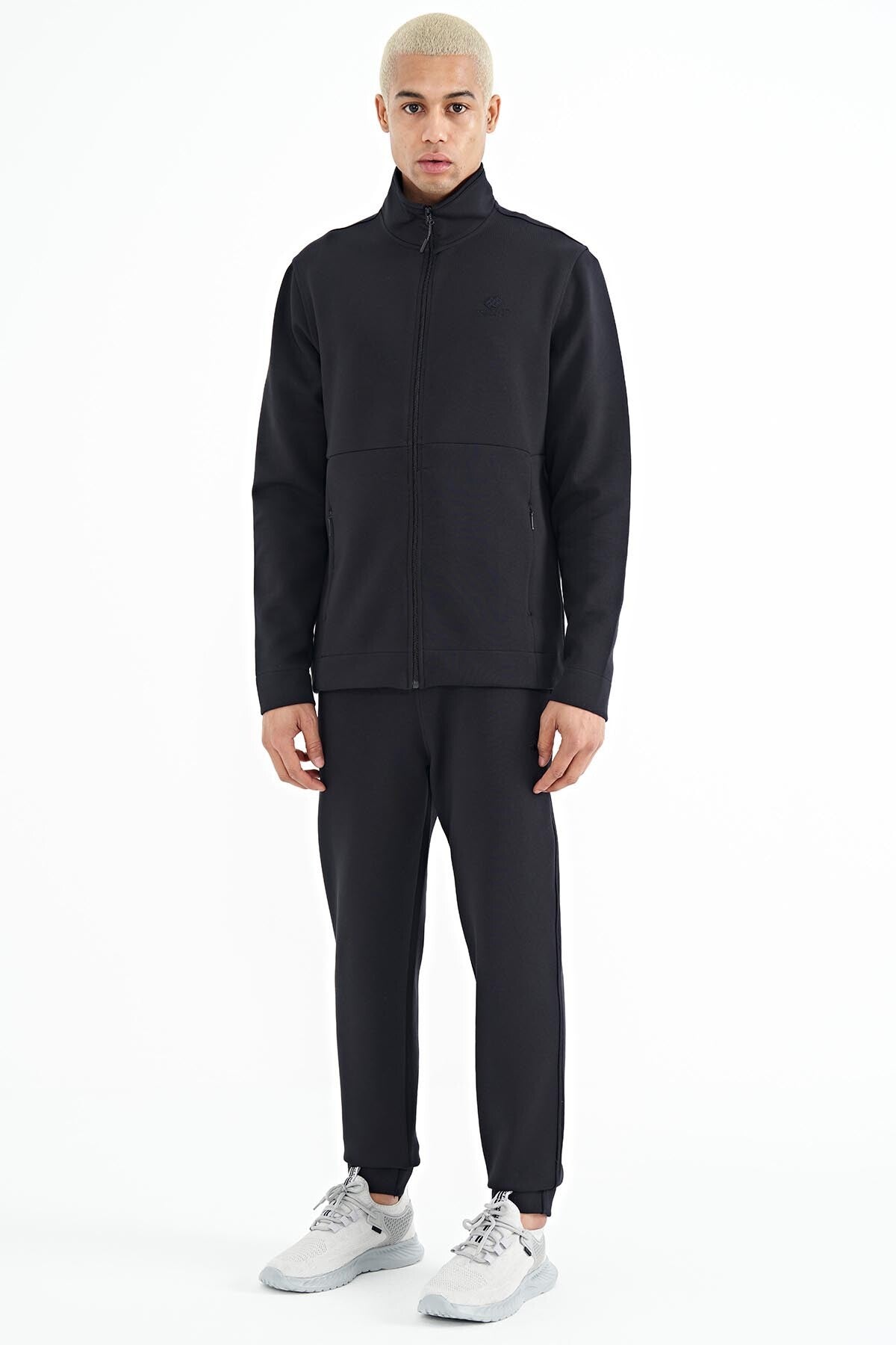 Navy Blue Logo Embroidered Stand-Up Collar Zippered Hidden Pocket Detailed Men's Tracksuit Set -  85201