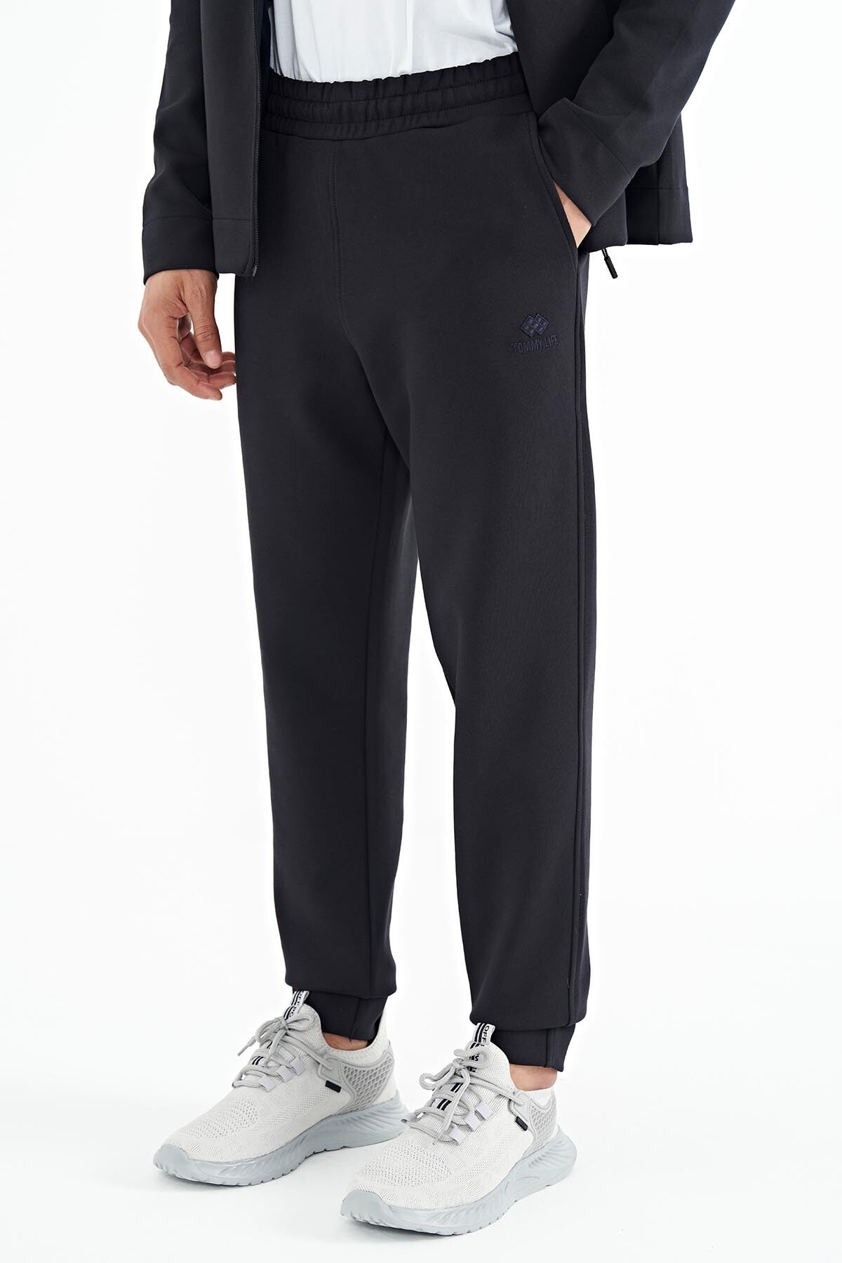 Navy Blue Logo Embroidered Stand-Up Collar Zippered Hidden Pocket Detailed Men's Tracksuit Set -  85201