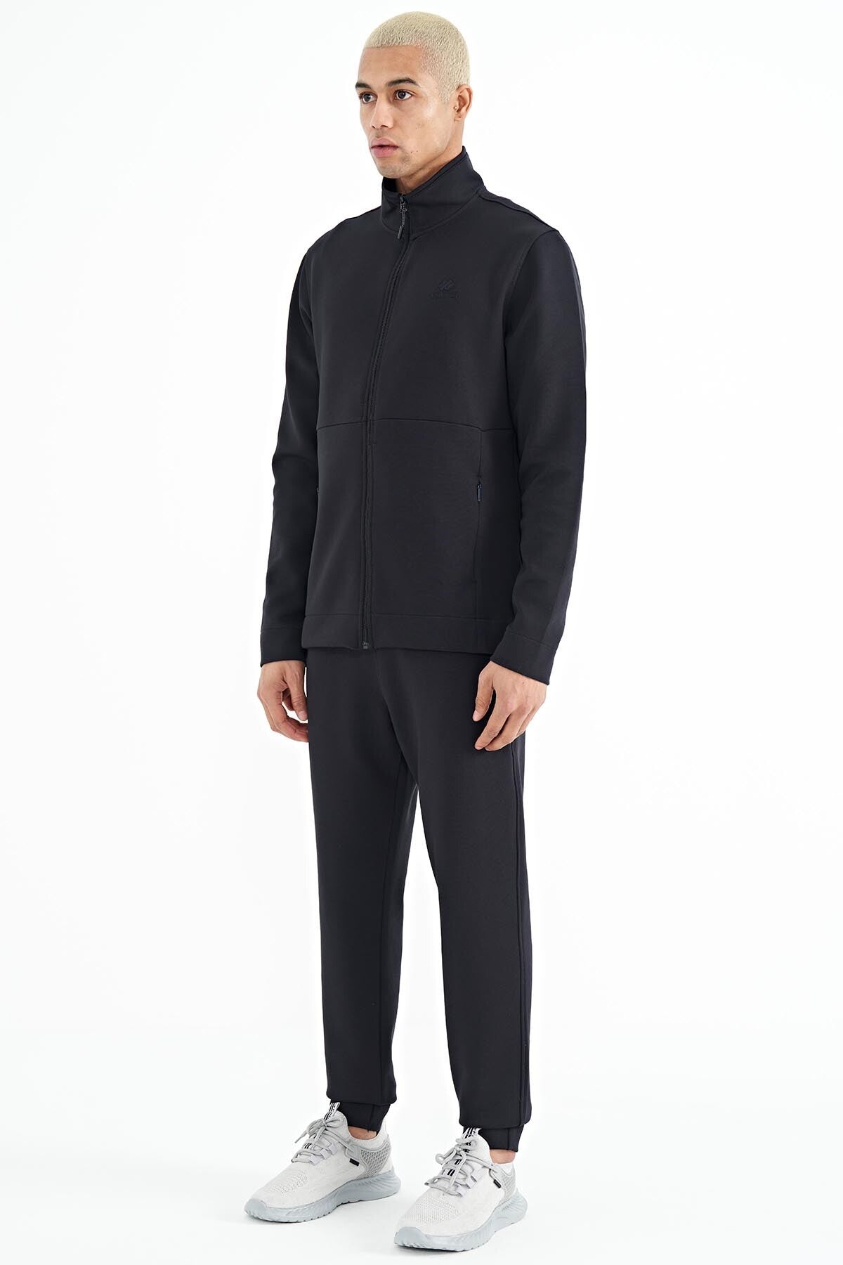 Navy Blue Logo Embroidered Stand-Up Collar Zippered Hidden Pocket Detailed Men's Tracksuit Set -  85201