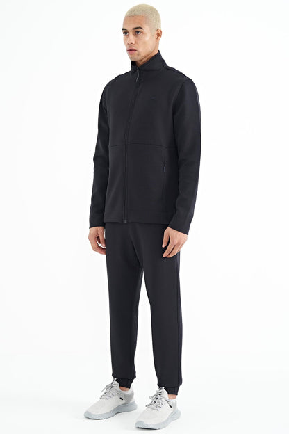 Navy Blue Logo Embroidered Stand-Up Collar Zippered Hidden Pocket Detailed Men's Tracksuit Set -  85201