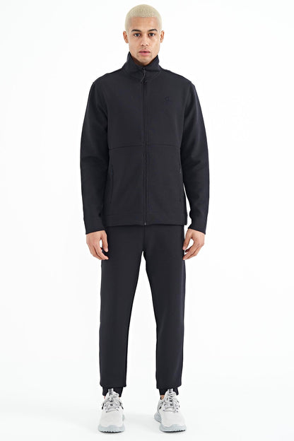 Navy Blue Logo Embroidered Stand-Up Collar Zippered Hidden Pocket Detailed Men's Tracksuit Set -  85201