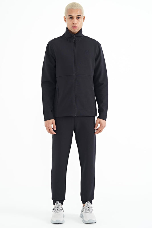 Navy Blue Logo Embroidered Stand-Up Collar Zippered Hidden Pocket Detailed Men's Tracksuit Set -  85201