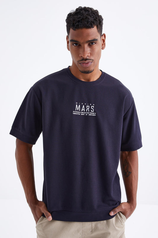 Navy Blue Mars Lettering Embroidered O Collar Men's Oversize T-Shirt - 88104