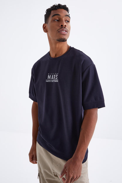 Navy Blue Mars Lettering Embroidered O Collar Men's Oversize T-Shirt - 88104