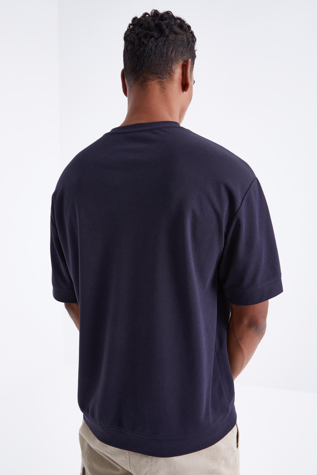 Navy Blue Mars Lettering Embroidered O Collar Men's Oversize T-Shirt - 88104
