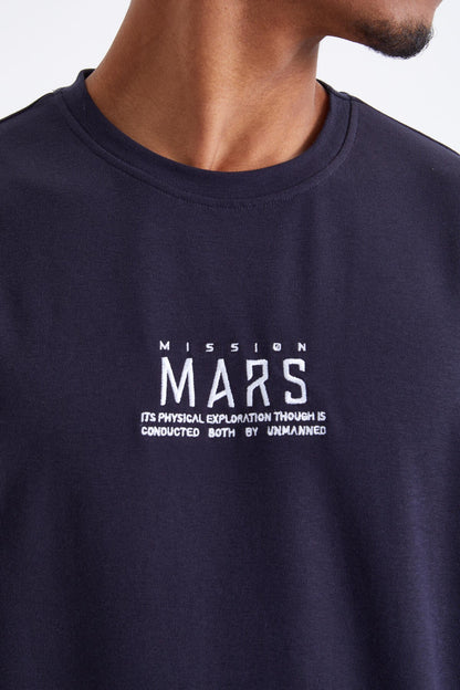 Navy Blue Mars Lettering Embroidered O Collar Men's Oversize T-Shirt - 88104