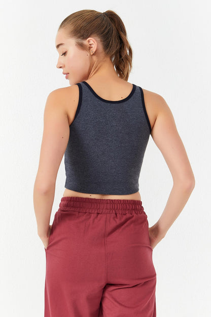 Navy Blue Melange Basic Slim Fit U Neck Women's Crop Top Singlet - 97162