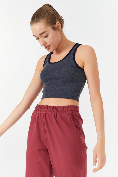 Navy Blue Melange Basic Slim Fit U Neck Women's Crop Top Singlet - 97162