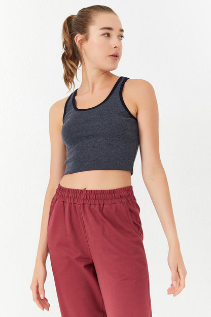 Navy Blue Melange Basic Slim Fit U Neck Women's Crop Top Singlet - 97162