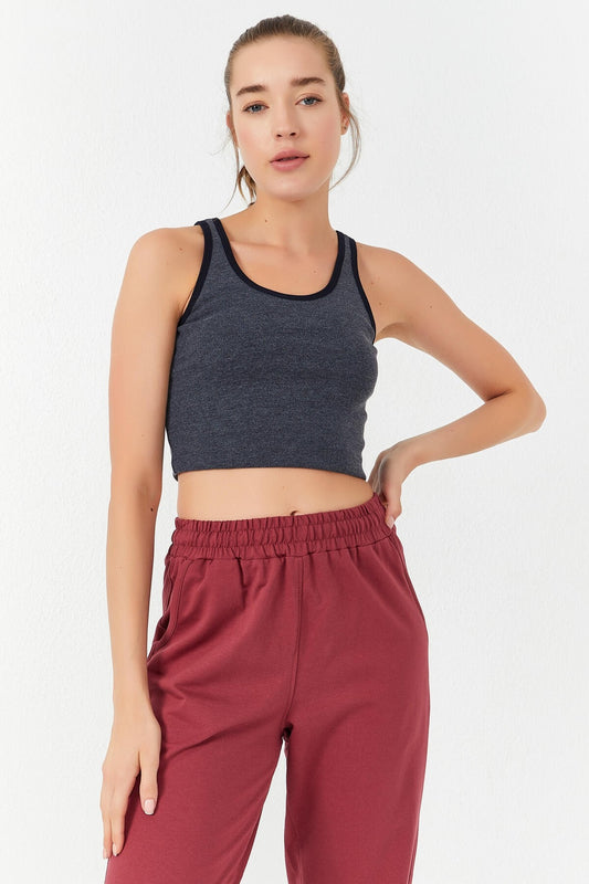 Navy Blue Melange Basic Slim Fit U Neck Women's Crop Top Singlet - 97162