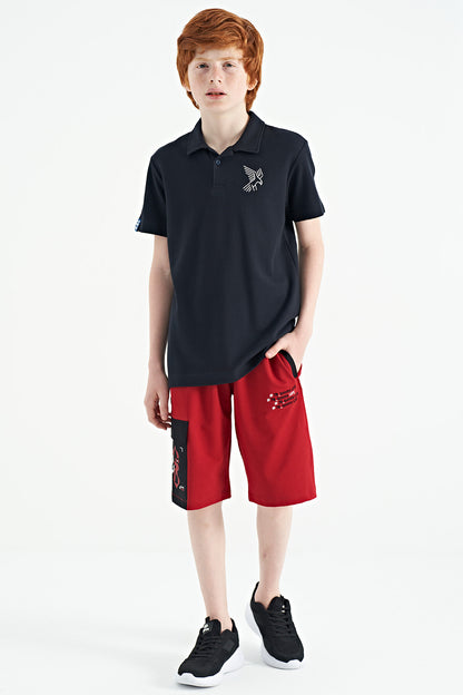 Navy Blue Minimal Embroidered Detailed Standard Pattern Polo Collar Boys T-Shirt - 11084