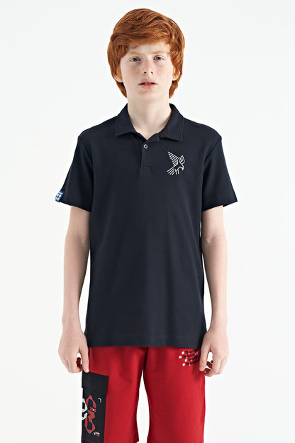 Navy Blue Minimal Embroidered Detailed Standard Pattern Polo Collar Boys T-Shirt - 11084