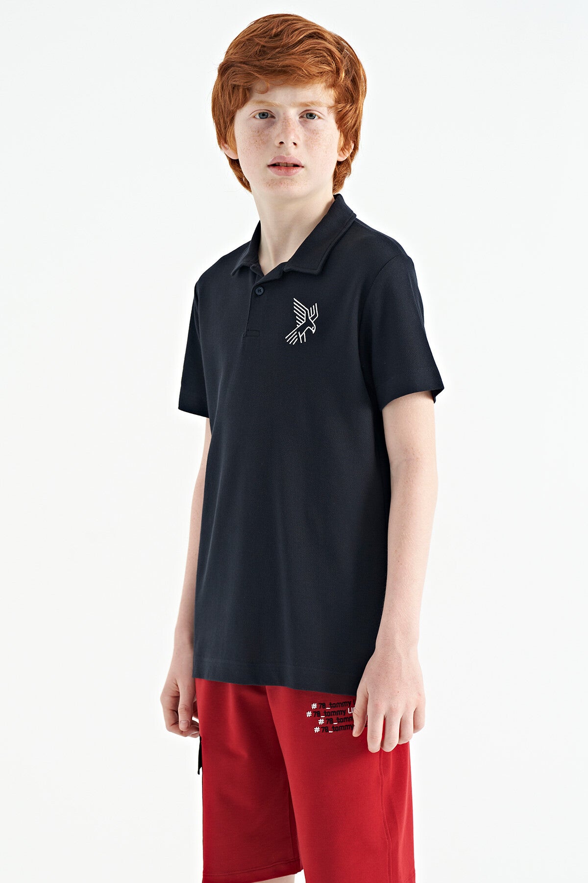 Navy Blue Minimal Embroidered Detailed Standard Pattern Polo Collar Boys T-Shirt - 11084