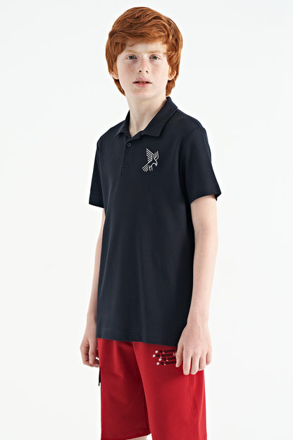 Navy Blue Minimal Embroidered Detailed Standard Pattern Polo Collar Boys T-Shirt - 11084